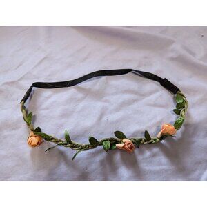 Braided Floral Headband With Roses & Green Leaves